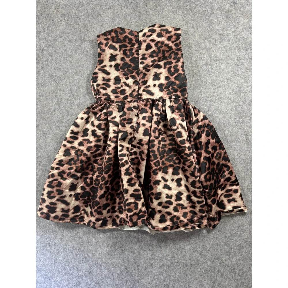 Unbranded Leopard Print Fit and Flare Girls Dress Size 6 Brown Satin Formal